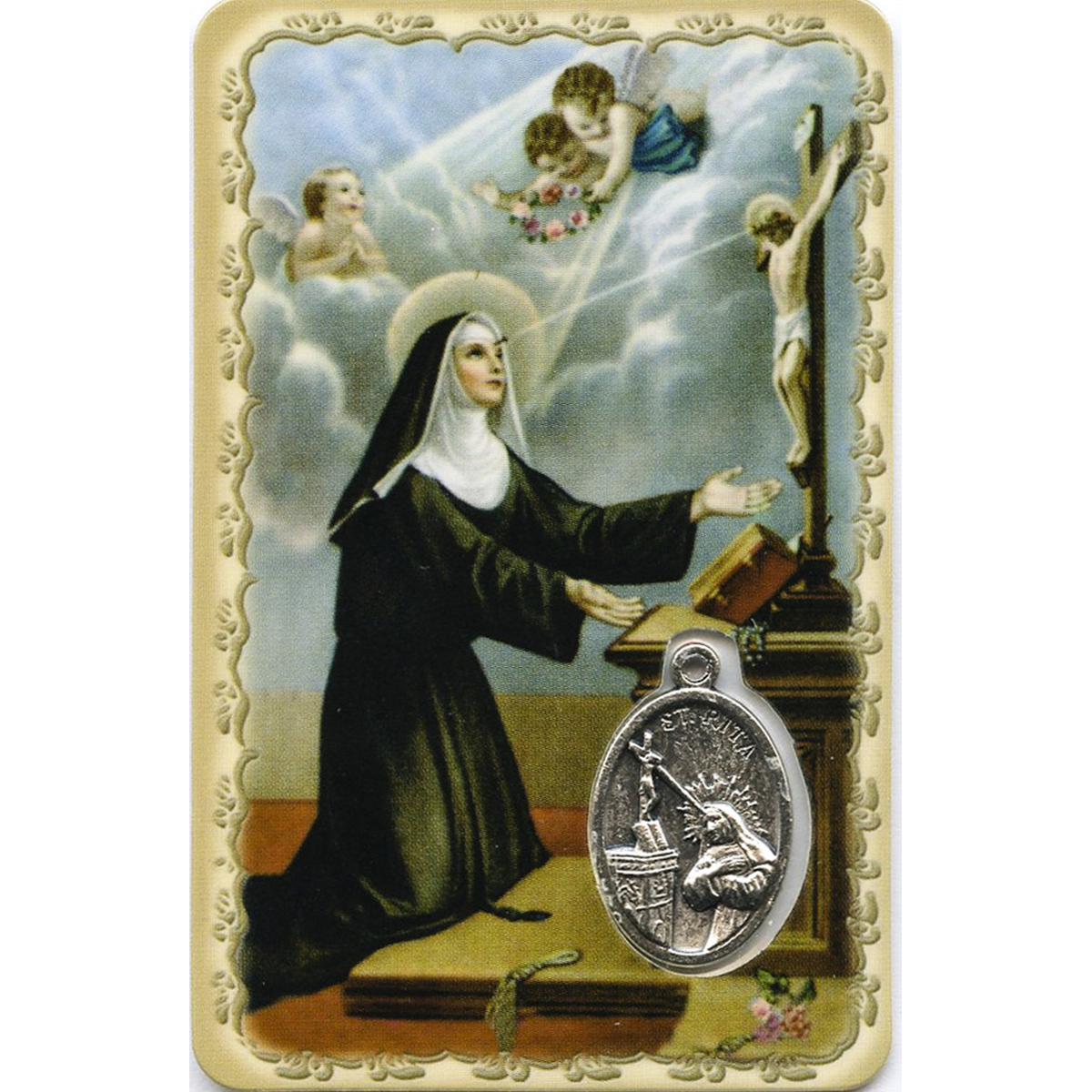 Carte médaille métal avec prière de sainte Rita