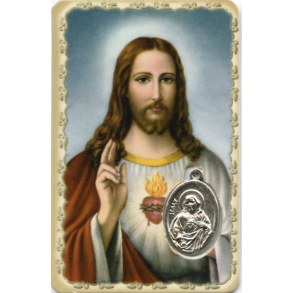 Carte médaille métal avec prière du Sacré Cœur de Jésus