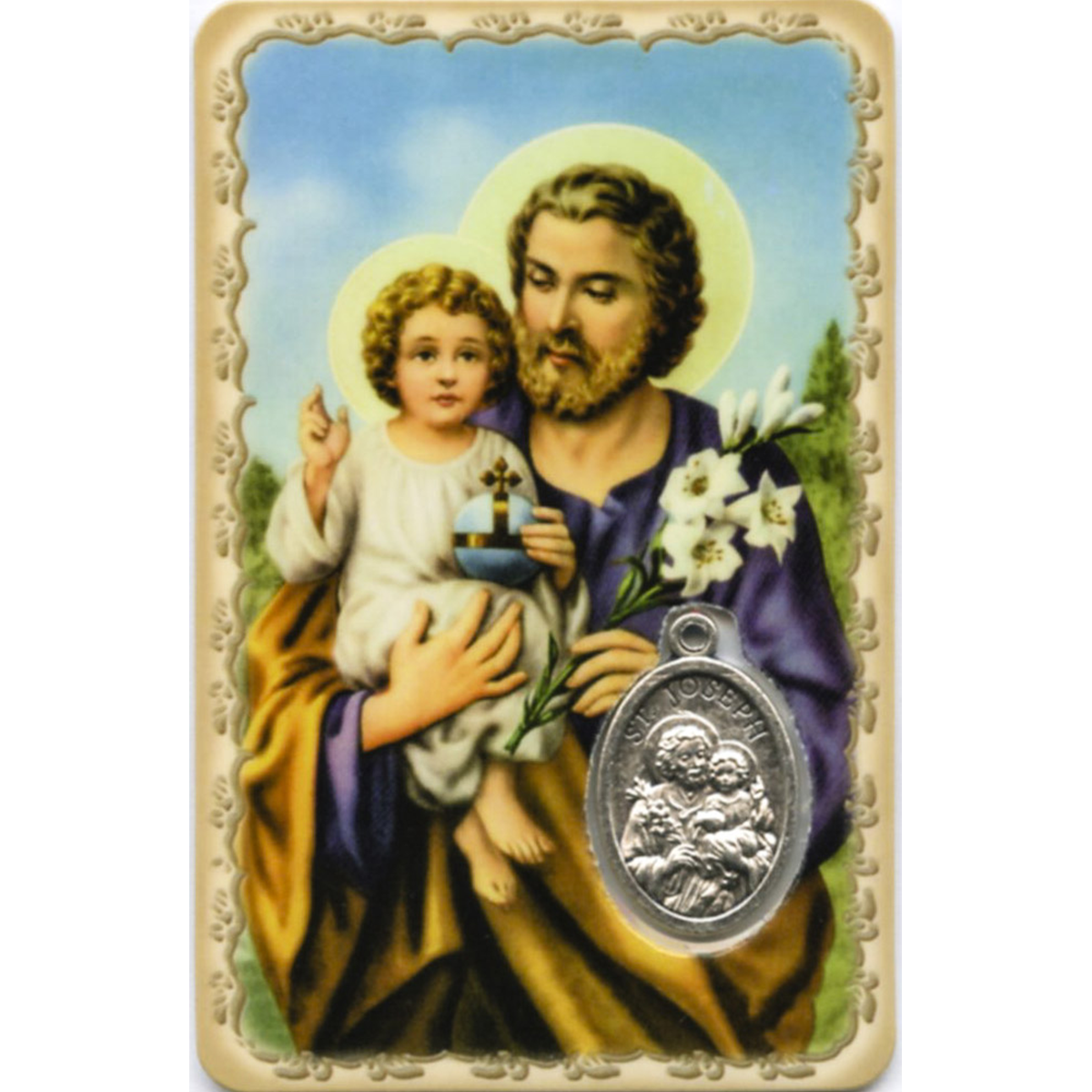 Carte médaille métal avec prière de saint Joseph