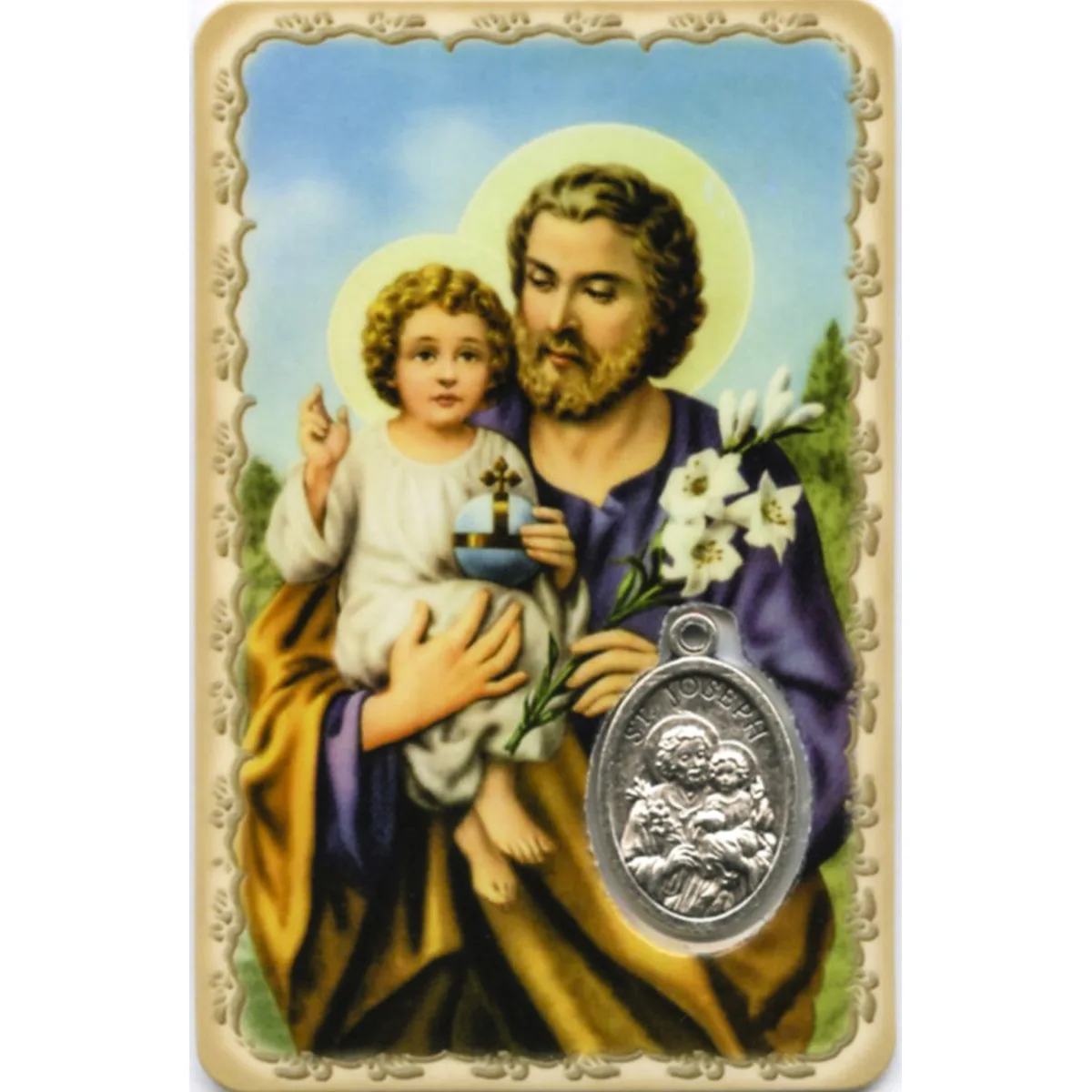 Carte médaille métal avec prière de saint Joseph