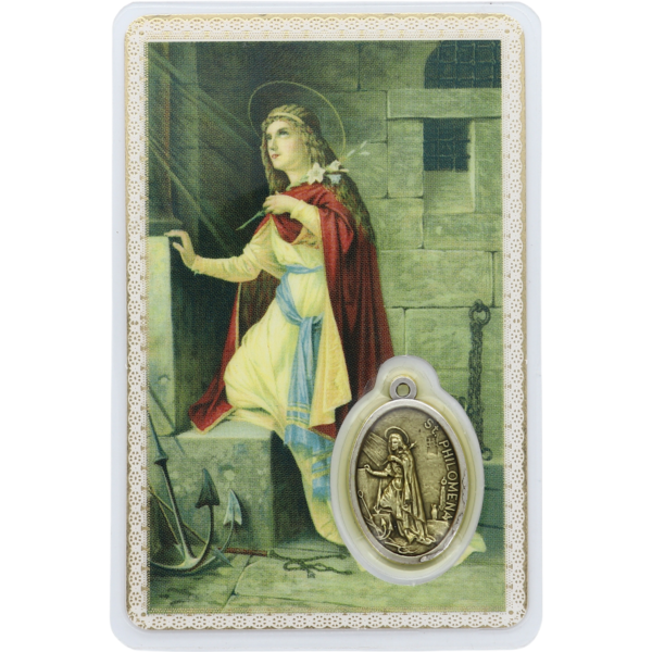 Carte médaille métal avec prière de sainte Philomène