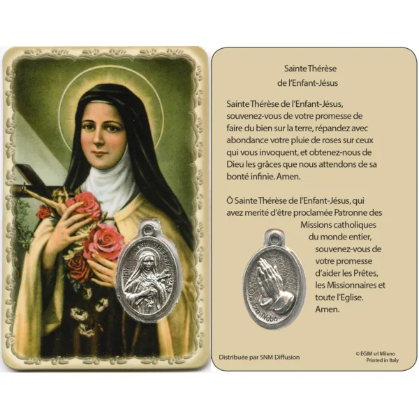 Carte médaille métal avec prière de sainte Thérèse de l'Enfant Jésus