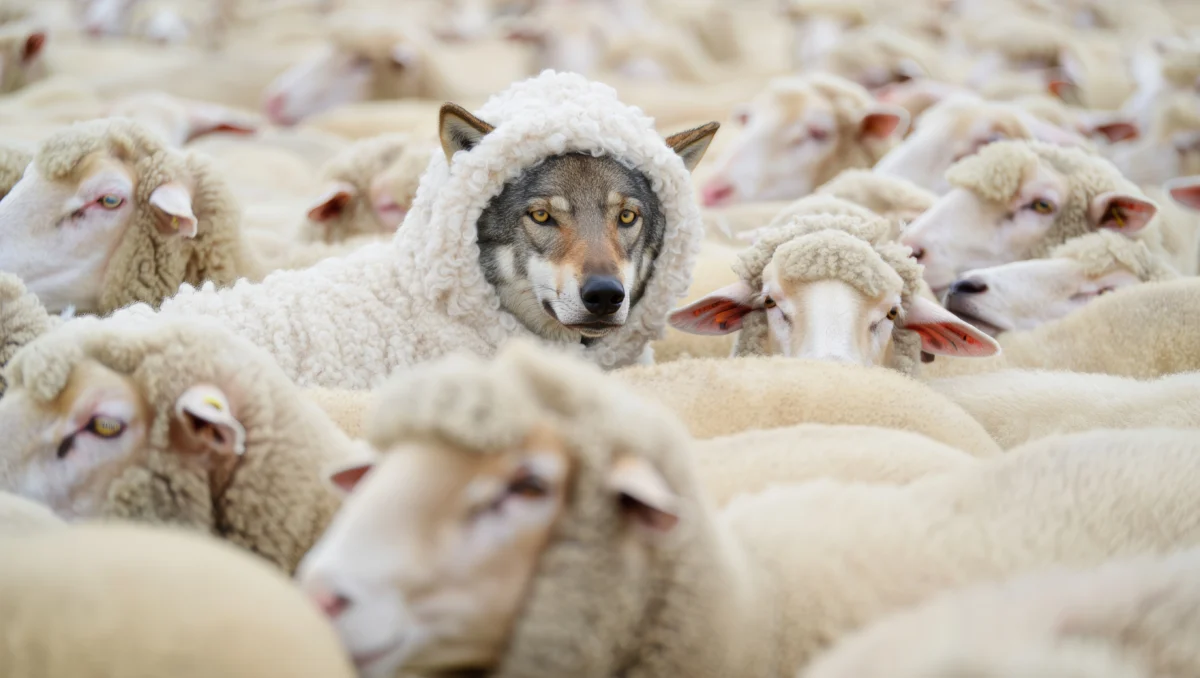 Loup dissimulé parmi un troupeau de moutons, illustrant la nécessité de discerner les faux prophètes.